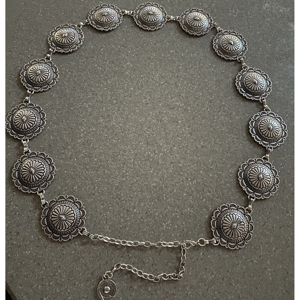 49 inch Concho Chain Belt – Vintage Silver Adjustable Waist Jewelry Hobo Concert - Picture 1 of 7